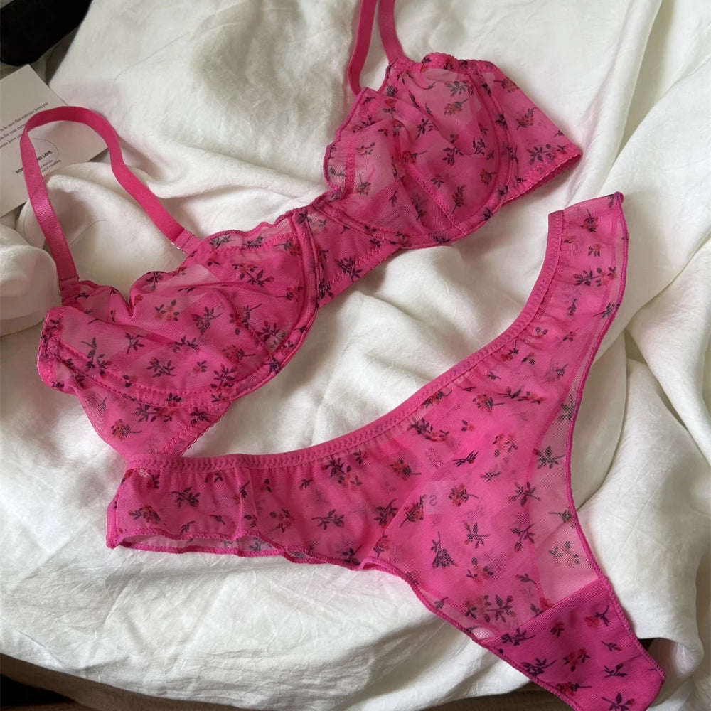 French Ultra Thin Lingerie Set Sexy Lace Floral Prints Bra Fashion Women Underwear Mesh Breathable Intimates Bras and Thong Sets