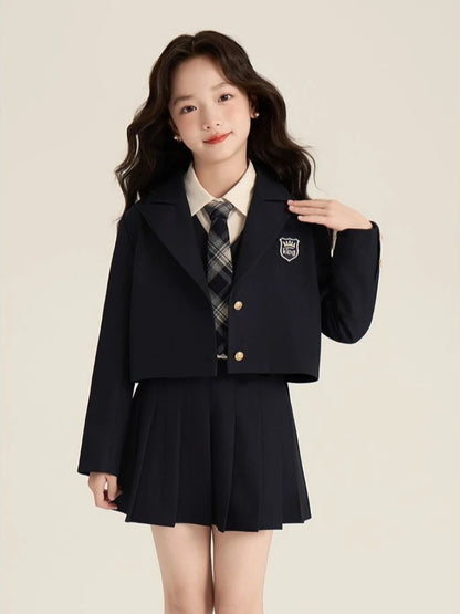 Girls Preppy School Uniform Set 2026 Autumn New Elegant Blazer Shirt Vest Pleated Skirt Outfit for Children