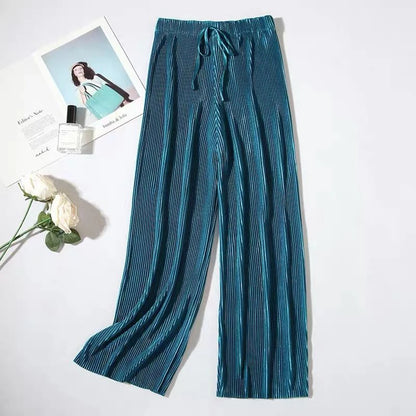 Women Fashion Summer Wide Leg Pants Pleated Ice Silk Trousers Elastic Waist Loose Casual Pants