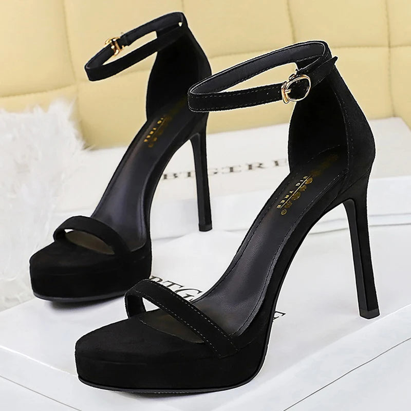 BIGTREE Shoes Leopard Suede Heeled Sandals Women Shoes Sexy Party Shoes Peep Toe High Heels Stiletto 11 cm Buckle Ladies Shoes