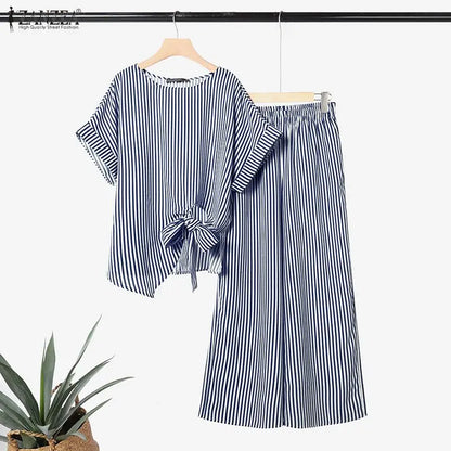 ZANZEA Summer 2PCS O Neck Short Sleeve Blouse Wide Leg Pant Sets Striped Work Tracksuit Fashion Women Outfits 2 Pieces Sets 2026