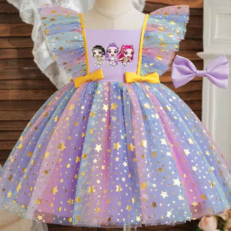 K-Pop Hunters Zoey Rumi Princess Dress for Girls Sequined Star Ruffle Bow Tutu Baby Formal Gala Prom Gown Kids Party Costume