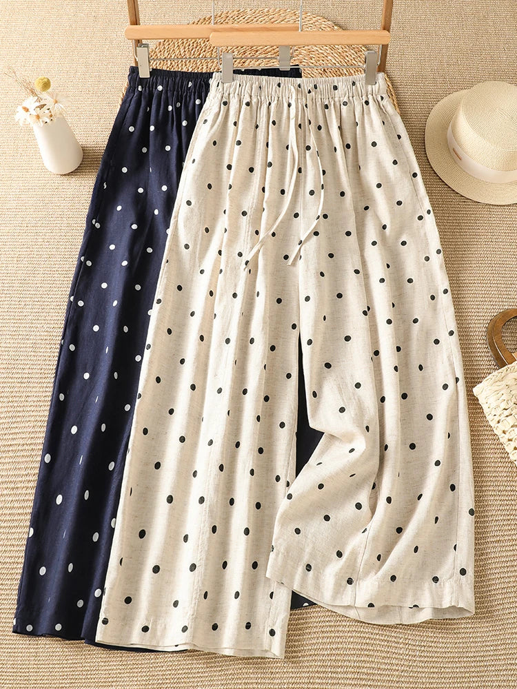 Polka Dot Wide Leg Pants Elastic Waist Tie Dye Slimming Loose Harlan Summer Vintage Style Ladies High Waist Straight Tube