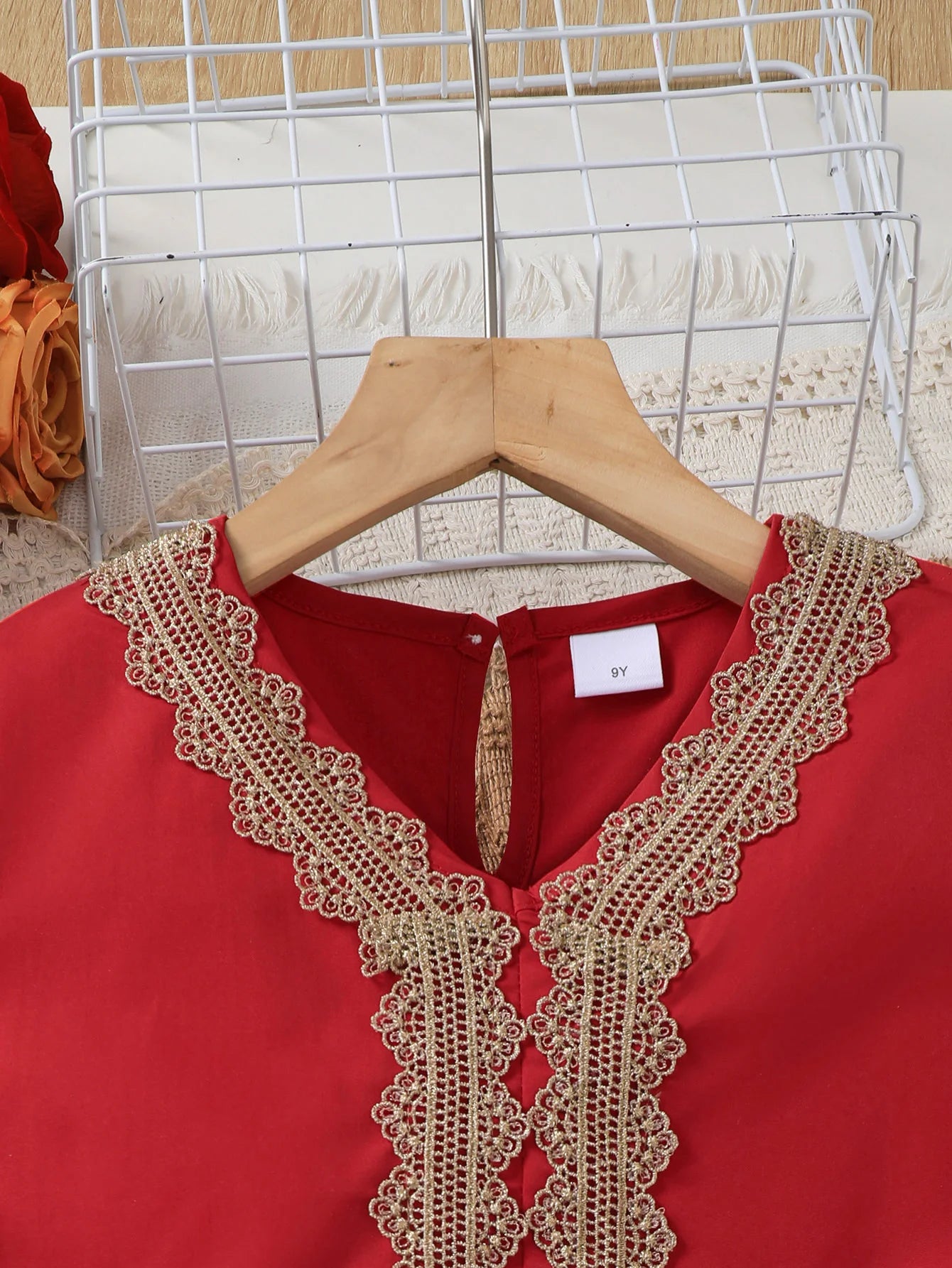 Middle East Girls Summer Floral Lace Short Sleeve Dress with Belt Casual Daily Wear Red Ethnic Style Children's Clothing