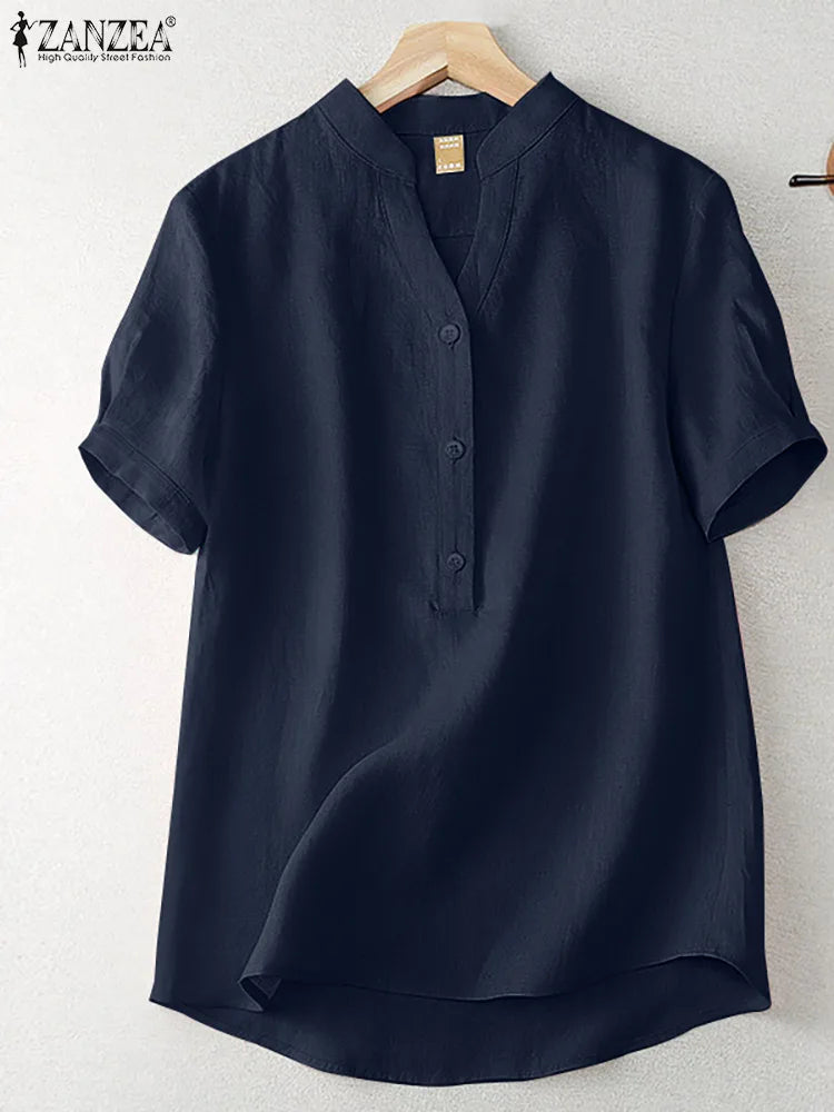 ZANZEA Summer Elegant Loose Chemise Cotton Blouse Vintage OL Work Tunic Tops Women Casual Solid Shirt V Neck Short Sleeve Blusas