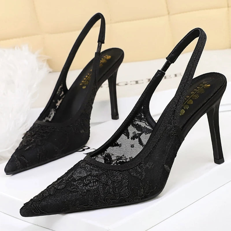 BIGTREE Shoes Women Pumps Hollow Lace Mesh Back Strap High Heels Pointed Tip Women Heels 9 cm Stiletto Sandals Sexy Party Shoes