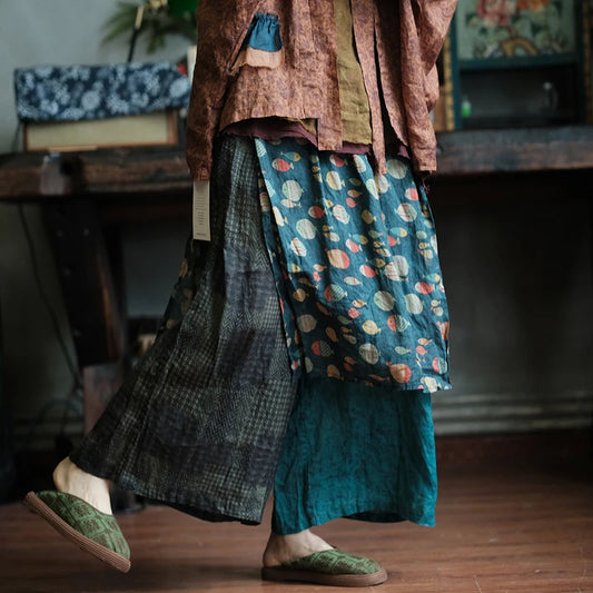 100% Ramie Women Ankle-length Casual Pants New 2026 Summer Vintage Style Patchwork Color Loose Female Wide Leg Pants M2383