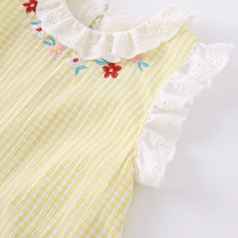 2026 Summer Baby Romper Cute Duck Floral Embroidery Ruffle Trim Bodysuit for Girls Plaid Sleeveless Infant Clothes