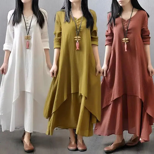 Irregular Button Women's Cotton and Linen Pocket Dress Korean Round Neck Short Sleeved Loose Solid Color Irregular Double-Layer