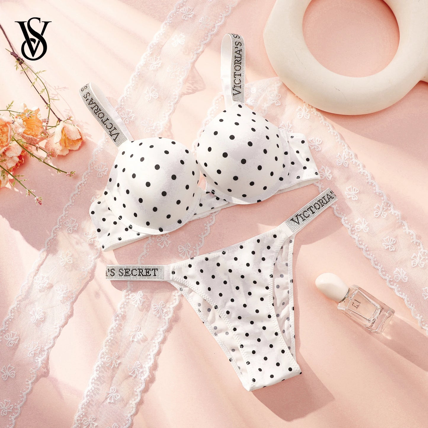 Victoria Secret Sexy Women Underwear Very Sexy Shine Script Polka Dot Push Up Bra Shine Script Thong Panty Set Hot