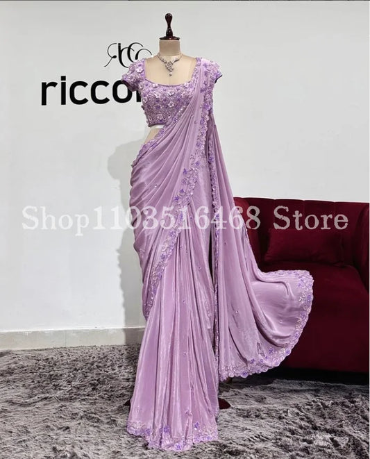 Luxury Middle Eastern Evening Dresses Purple Indian Saree 3D Flower Embroidery Exquisite Bridal Customised Vestido de festas