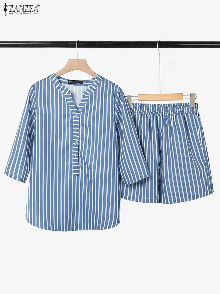 ZANZEA Fashion Spring Summer 2 Pieces Sets Striped Tracksuit Women V Neck 3/4 Sleeve Blouse Short Sets Casual Work Outfits 2026