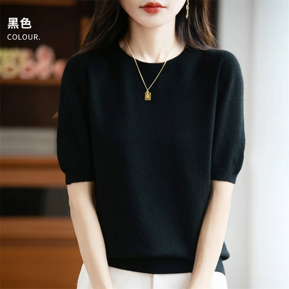 Autumn Women 100% Merino Wool Sweater O-Neck Cashmere Pullover Basic Fashion Short Sleeve Clothing Comfort Top Casual Solid