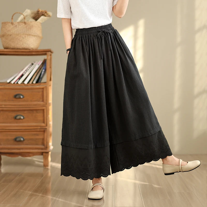 Spring Summer Lace Splicing  Color Wide Leg Pants Elastic Waist Casual Trousers Nine Points Pants Loose Fit Ladies Jeans