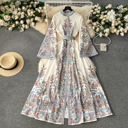 Spring Autumn Women's Dress Vintage Long Sleeve Print Floral High Waist Boho Party Maxi Vestidos Elegant Luxury Long Dresses