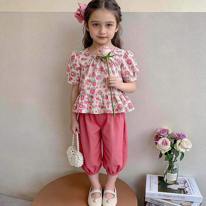 1Sets Girls Floral Print Set Kids Summer Short Sleeve Tops And Long Pants Suit Baby Fashion Costume Cute Children Leisure Sets