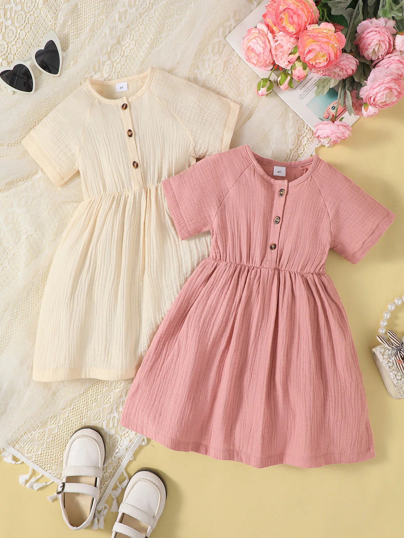 2-Pack Girls Solid Color Short Sleeve round Neck Casual Comfortable Dress Suitable for Spring/Summer Daily Wear