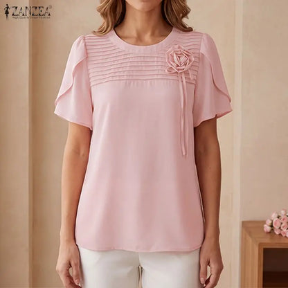 ZANZEA Summer Women Blouse Short Sleeve Elegant Flower Pleated O Neck Casual OL Work Tunic Tops Casual Blusas Streetwear
