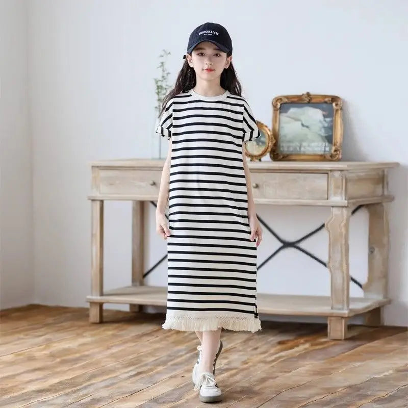 Casual Dress Short Sleeve Striped T-shirt Skirt Sunday Luxury Girl Frock for Girls 2025 Summer Clothes Girls' Beach Dresses Kids