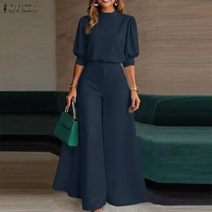2026 Fashion Summer Pant Sets ZANZEA Stand Neck Short Sleeve Blouse Wide Leg Trousers Suit Women OL Work Outfits 2 Pieces Sets