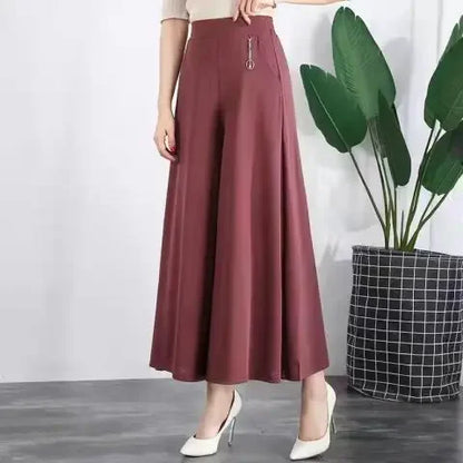 High Waist Drapey Wide Leg Skirt Pants Loose Fit Thin Summer plus Size Slimming Nine Point Pants for Middle-Aged And Elderly ...