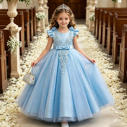 New Lace Bow Shawl Flower Girl Dress with Little Flutter Sleeves for Girls