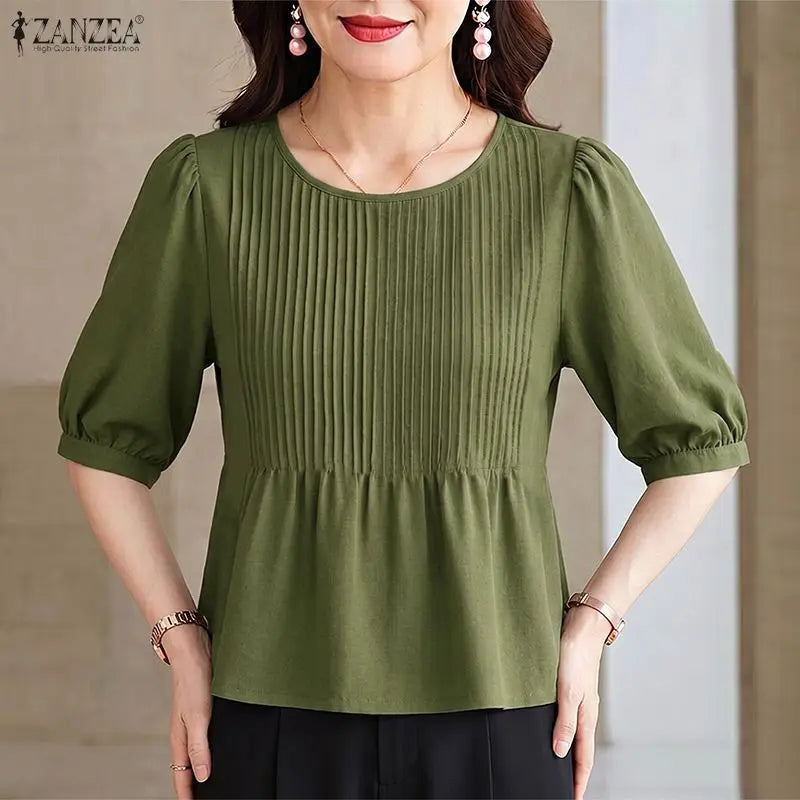 ZANZEA 2026 Woman Pintuck Blouses Casual Round Neck Half Puff Sleeve Solid Color Tops Summer Daily Commute Work Blusas Mujer