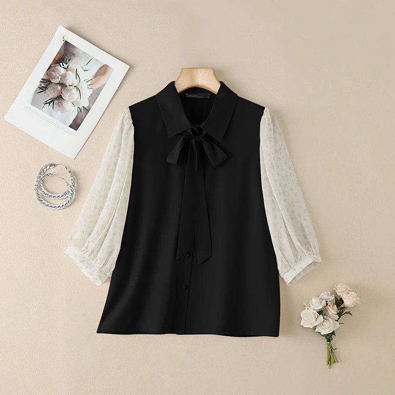 ZANZEA Elegant Women's Contrast-Color Shirts Floral Printed Puff Sleeve Bowtie Collared Casual Tops Summer Woman Clothes S-3XL