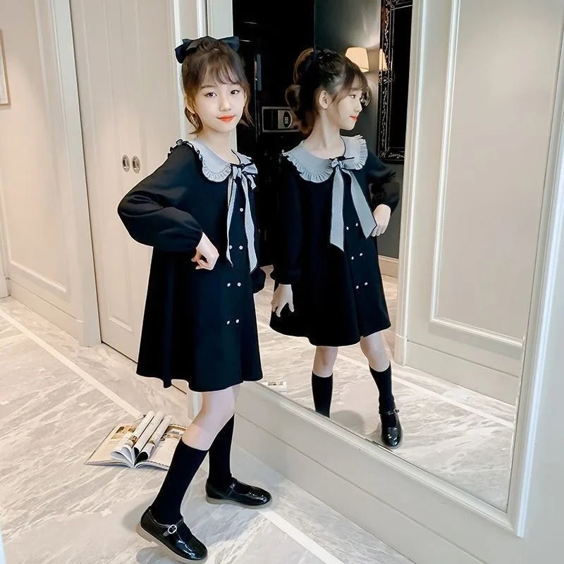 2025 New Girls' Plus Size Korean Style Stylish Long Sleeve Peter Pan Collar Cute Princess Dresses for 4-12 Years Old
