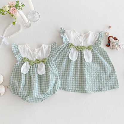 Baby Kid's Summer Plaid Dress 0-5Y Cute Embroidered Bunny Flying Sleeve Children's Dresses Sisters Clothing Baby Girls Bodysuit