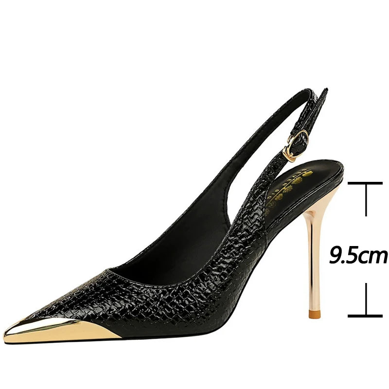 Women 9.5 cm Heels Metal Pointed Tip Women Pumps Hollow Out Hook Strap High Heeled Sandals Women Summer Shoes Sexy Party Shoes
