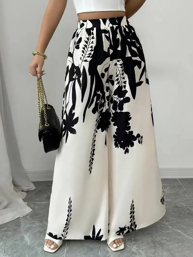 Women's Tropical Print Wide-Leg Pants, Elastic Waist Design, Slim Fit for Casual Vacation Wear