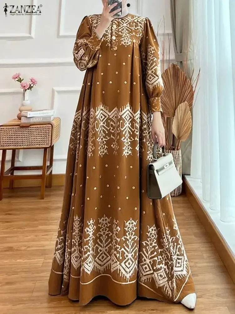 2026 ZANZEA Spring Floral Printed Dress Ramadan Muslim Abaya Dress Women O Neck Long Sleeve Sundress Islamic Robe Casual Kaftan