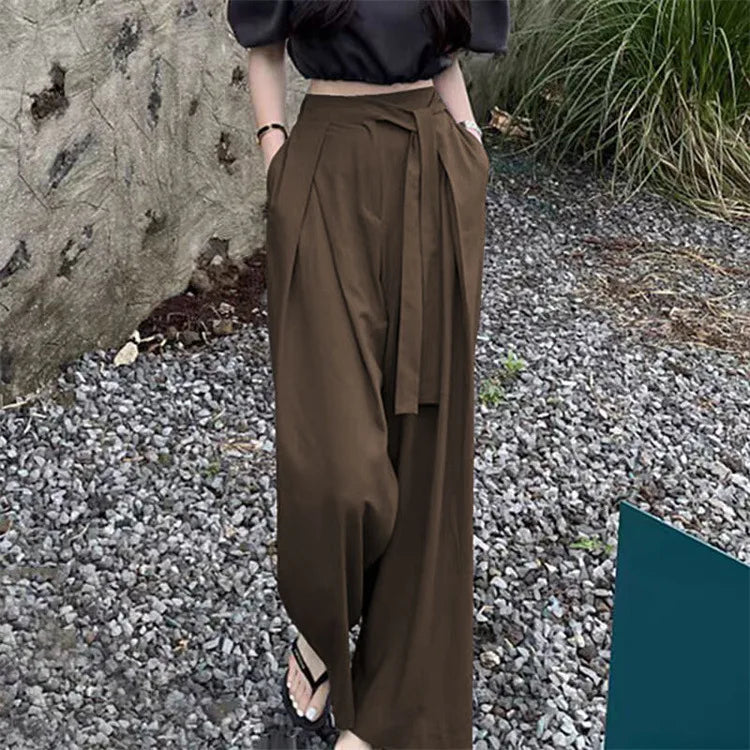 Casual Chic Wide Leg Pants Women Office Pocket Pleated Lace-up High Waist Trousers Fashion 2026 Spring Autumn Streetwear Pants