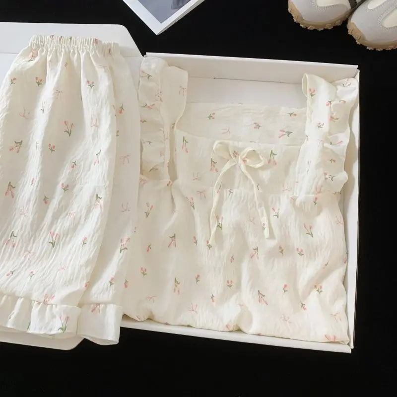 Childrens Floral Pajamas Set Summer Lightweight Cloud Cotton Vest with Shorts Princess Style for Girls Baby Homewear
