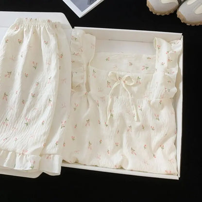 Childrens Floral Pajamas Set Summer Lightweight Cloud Cotton Vest with Shorts Princess Style for Girls Baby Homewear