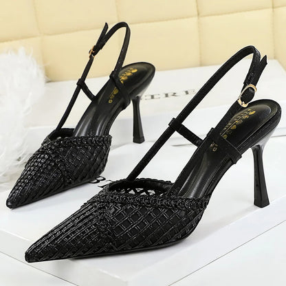 BIGTREE Shoes Hollow Woven Mesh Women Pumps Pointed Tip Stiletto High Heels 8 cm Buckle Heeled Sandals Women Summer Ladies Heels