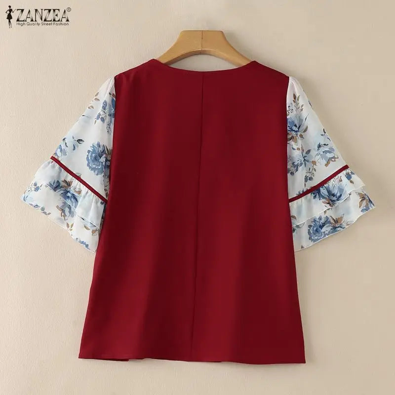 ZANZEA Women's Elegant Blouses Floral Printed Patchwork 3/4 Flared Sleeves V-Neck Loose Tops Summer Casual Blusas de Mujer