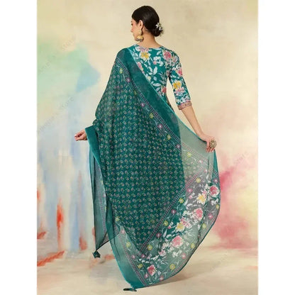 2025 New Indian Traditional Ethnic Embroidered Print 3-Piece Set Women's Outfit Green Cotton Mid-Long Kurta Daily Festival Wear