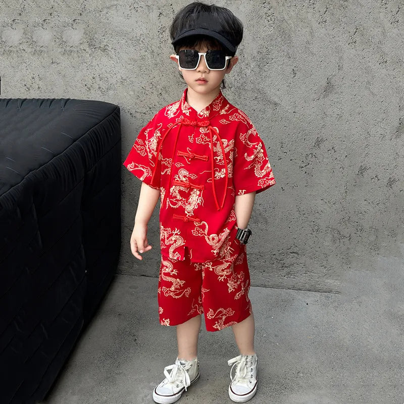 Short Sleeve Tops Shorts 2 Piece Set Boy Outfit Casual Kids Clothes Baby Tang Hanfu Suit Boys Costume Children's Sets Summer