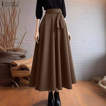 ZANZEA Elegant Maxi Skirts 2026 Women Elastic Waist Jupes Casual Faldas Saia Belted High Waist Fashion Solid Street Overskirts