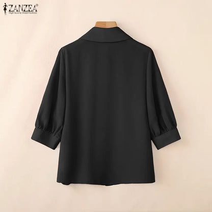 ZANZEA Woman Summer 3/4 Lantern Sleeves Shirts Turn-Down Collar Button Up Tops Casual Daily Wear Solid Color Chemises Femme