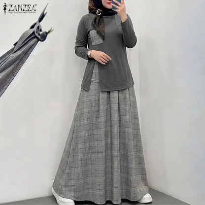 ZANZEA Women Plaid Patchwok Outfits Muslim 2 Pieces Sets Casual O Neck Long Sleeve Blouse A Line Maxi Skirt Suit Matching Sets