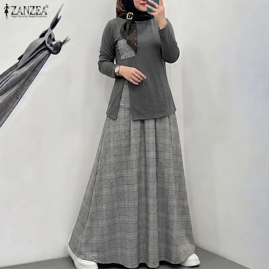 ZANZEA Women Plaid Patchwok Outfits Muslim 2 Pieces Sets Casual O Neck Long Sleeve Blouse A Line Maxi Skirt Suit Matching Sets