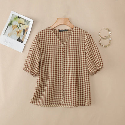 ZANZEA Women Loose Gingham Shirts Vintage Half Puff Sleeve V-Neck Button Up Tops Summer Daily Casual Plaid Blusas de Mujer