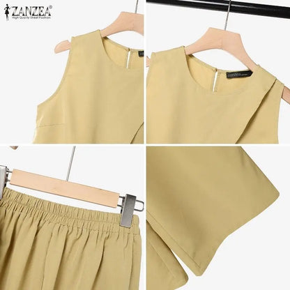 ZANZEA Summer Women Pant Sets Solid Color  Sleeveless Tops Wide Leg Pants Fashion 2PCS Two-piece Outfits OL Party Streetwear