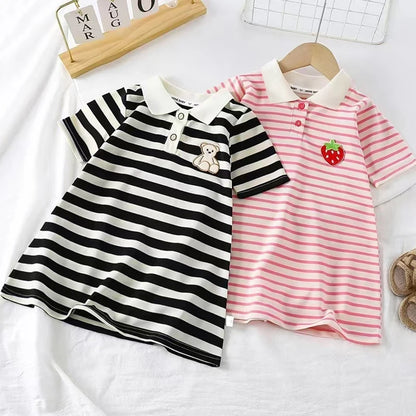 1pcs Children Short Sleeve Dress Kids Leisure Skirts Summer Baby Black White Stripe Skirt Pupil Girls Fashion Clothes 80cm-160cm