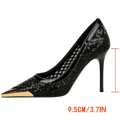 Luxury High Heels Sequin Mesh Women Pumps Metal Pointed Tip Women Heels 9.5 CM Stiletto Fashion Banquet Shoes Sexy Party Shoes