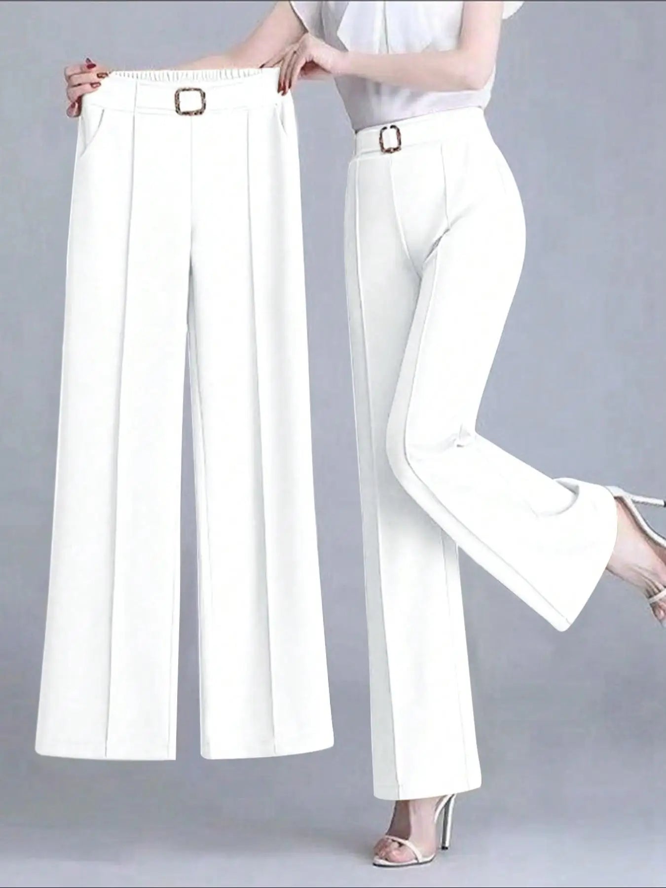 Women's Elegant Solid Color Toothpick Striped Design Straight Leg Loose Casual Commuter Pants Palazzo Trousers