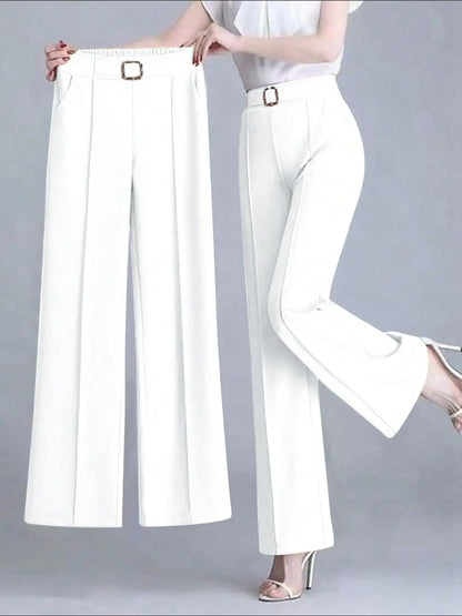 Women's Elegant Solid Color Toothpick Striped Design Straight Leg Loose Casual Commuter Pants Palazzo Trousers